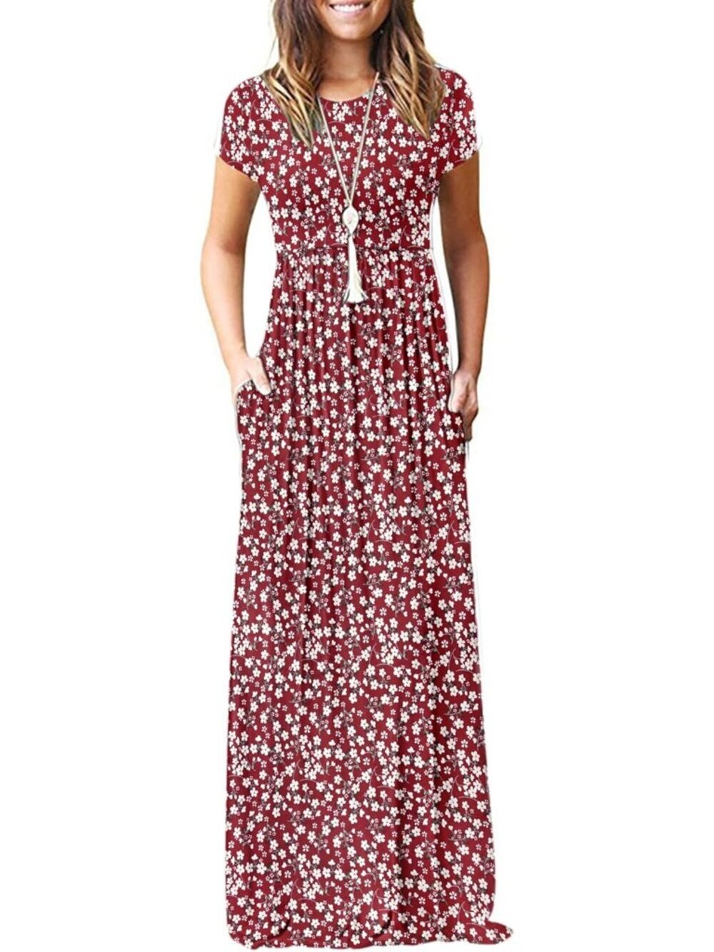 Women's Floral Red Short Sleeve Loose Plain Maxi Pockets Casual Long Dresses